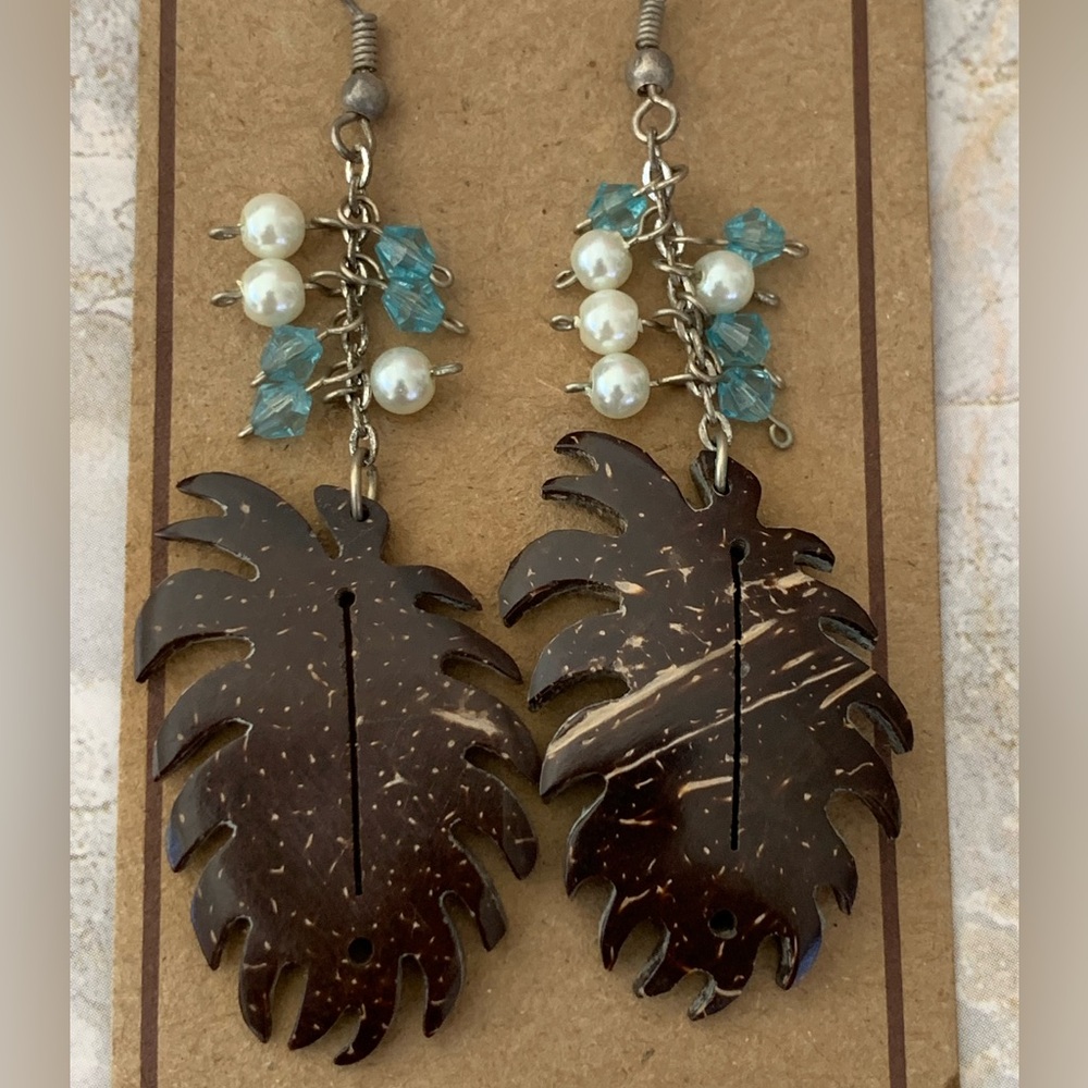 Hawaiian Surfer Handmade Brown Coconut Leaf Earrings with Beads